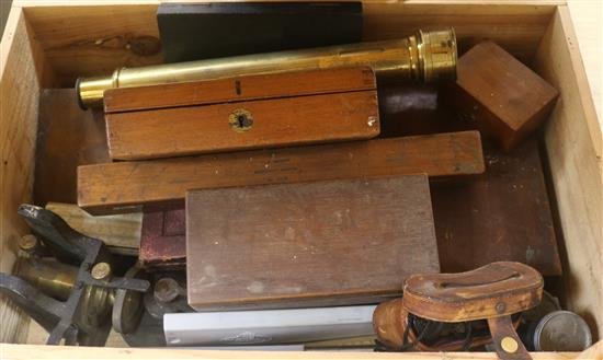 A cased microscope, various drawing instruments and other items